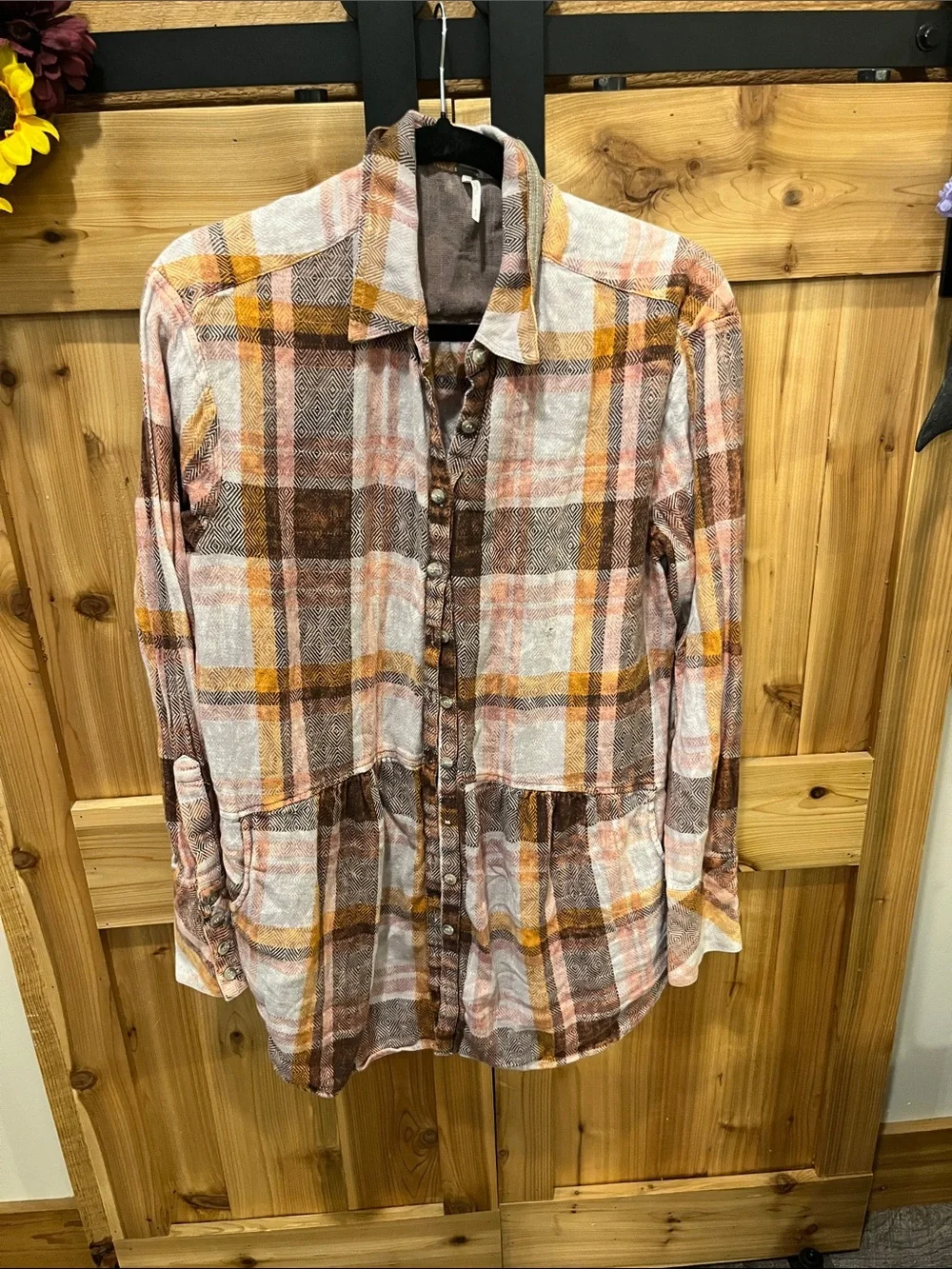 Free People Lightweight Plaid Button-Down in Brown, Yellow, Cream, Pink